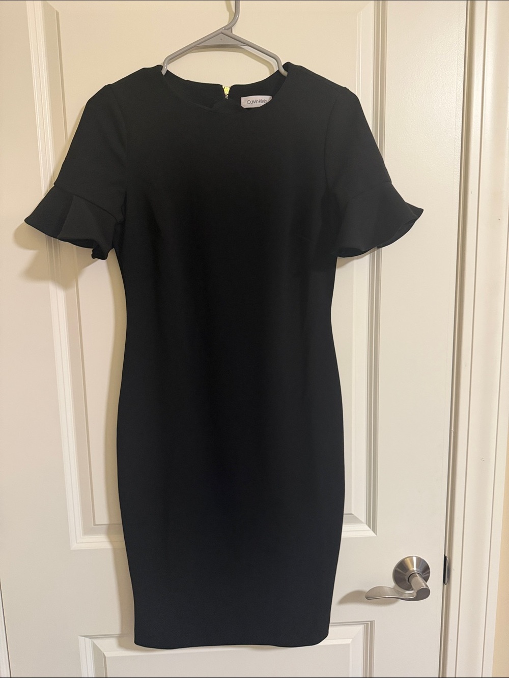 Calvin Klein Black Midi Dress with Ruffle Short Sleeves
